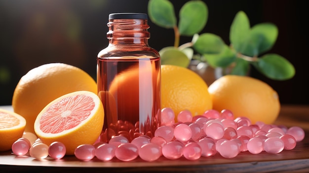 Vitamin c tablet in pink bottle and orange beside the bottle