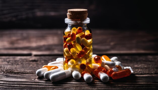 Photo vitamin collection in a jar on a wooden surface