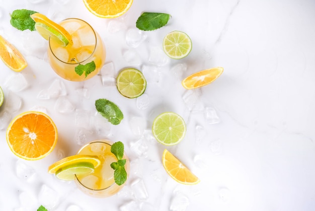 Bevande rinfrescanti estive alla vitamina citrus punch con arance e lime con rametti di menta refrigerati con ghiaccio