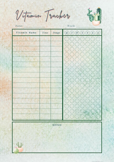 Foto modello di pagina stampabile del foglio di inserimento della pianificazione digitale del pianificatore di tracker vitaminico