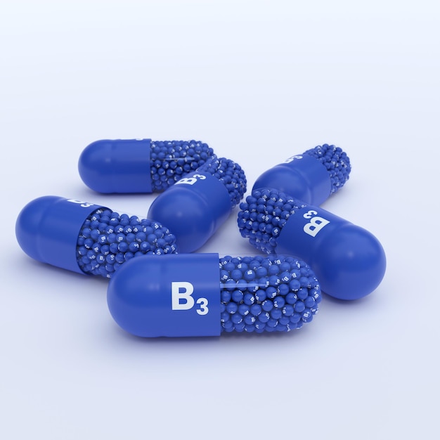 Vitamine B3 Blauwe Capsules Granules en Whtie Achtergrond