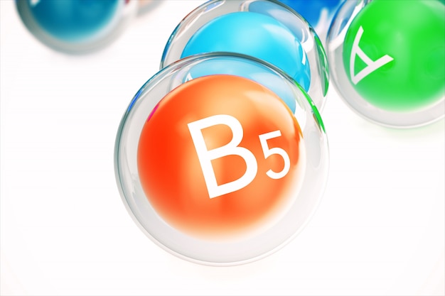 Foto vitamine b5, geïsoleerd op wit. symbool van gezondheid en levensduur, 3d-rendering