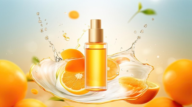 Vitamine C-essence-advertenties met doorzichtig gesneden sinaasappel en druppelflesje