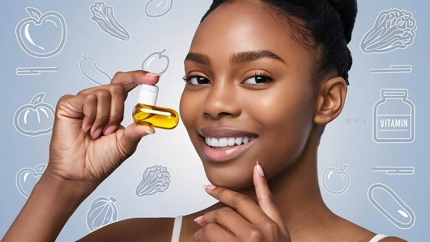 Vitaminen en supplementen close-up van een mooie jonge vrouw die gele visolie pillen neemt