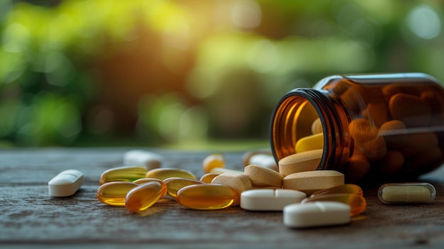 Vitaminen supplementen in fles op houten tafel Vitamine K tabletten en capsules