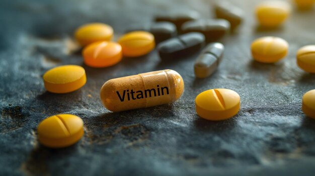 Foto vitaminesupplementen en capsules concept in een gigantische pil