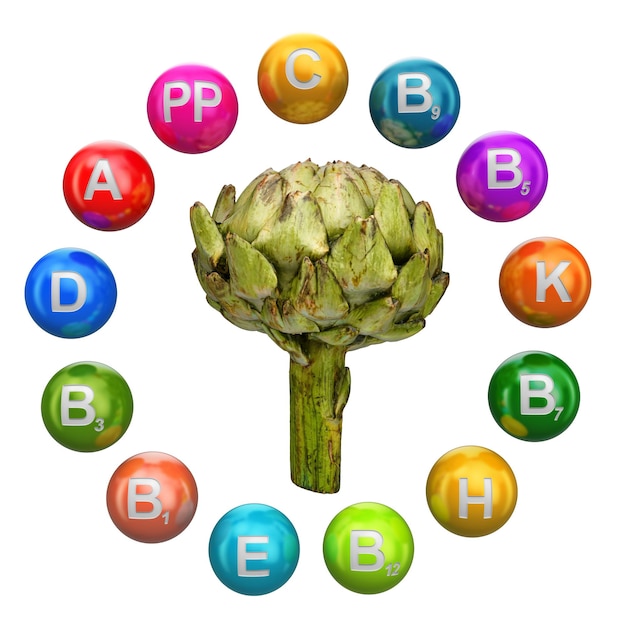 Photo vitamins in artichoke 3d rendering