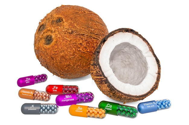 Vitamins and minerals of coconut 3D rendering