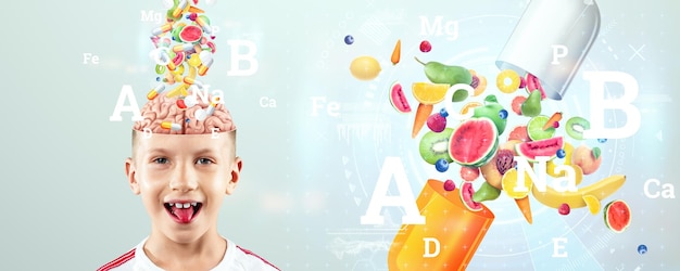 Vitamins and nutritional supplements in the form of medical capsules fall directly into the child's brain. Correct diet, diet, alternative medicine, vitamins