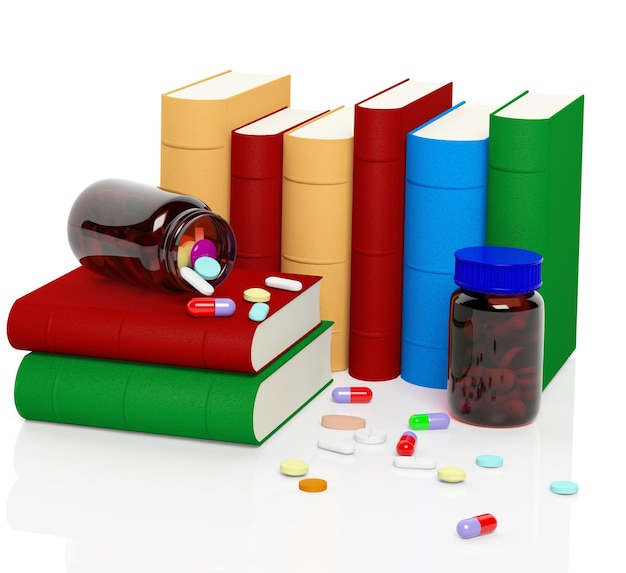 Vitamins and pills with books isolated on white background