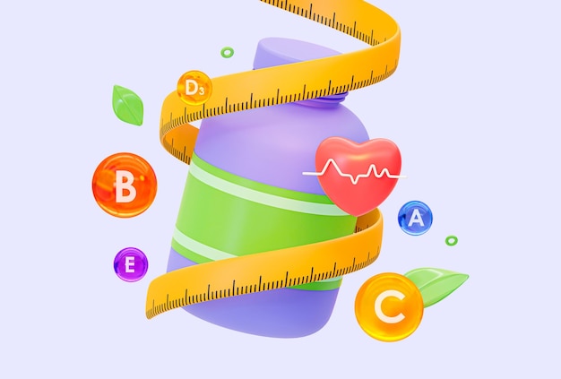 체중 감량을 위한 비타민 주변에 측정 테이프가 있는 보라색 약병