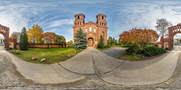 Vitebsk belarus october 2018 full seamless panorama 360 angle\
view near red brick catholic church spherical 360 panorama in\
equirectangular projection ready for vr ar content