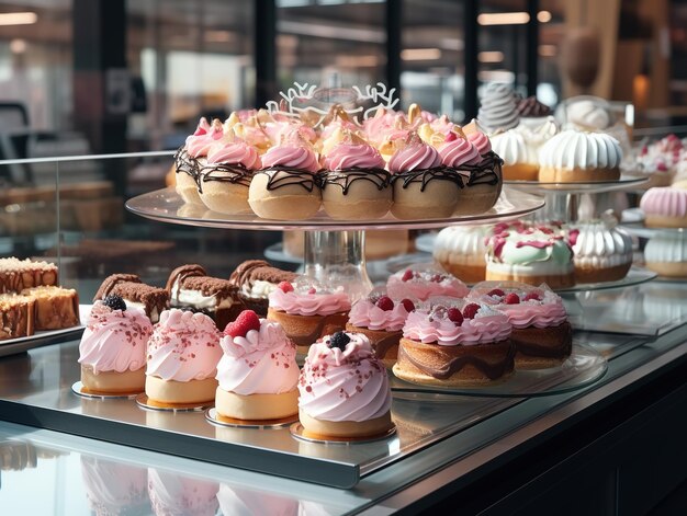 Vitrine met verschillende cakes in een banketbakkerij