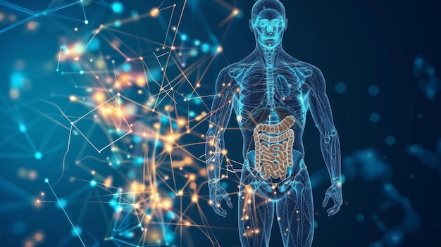 Photo the vitruvian man the abstract polygonal wireframe modern illustration on technological blue background da vinci39s anatomy body is made of connected dots lines and triangles