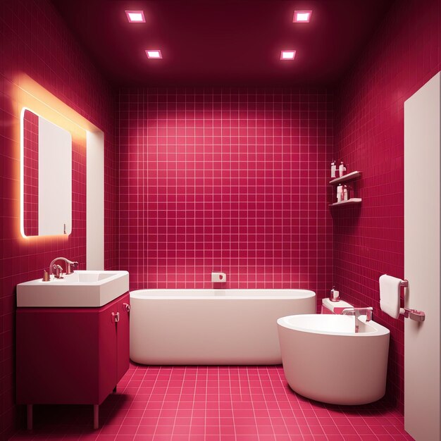 Цвет интерьера ванной комнаты Viva Magenta 2023 года. Шаблон современный, малиново-красный бордовый цвет.