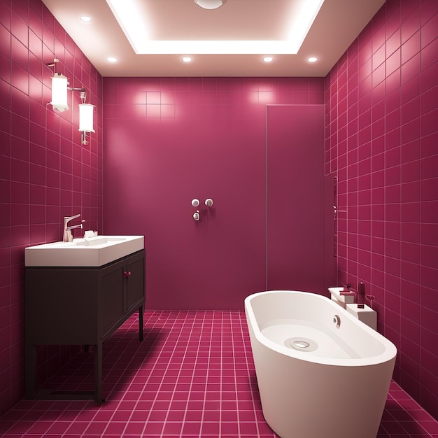 Viva Magenta bathroom interior color of the year 2023. Template modern, crimson red burgundy color.