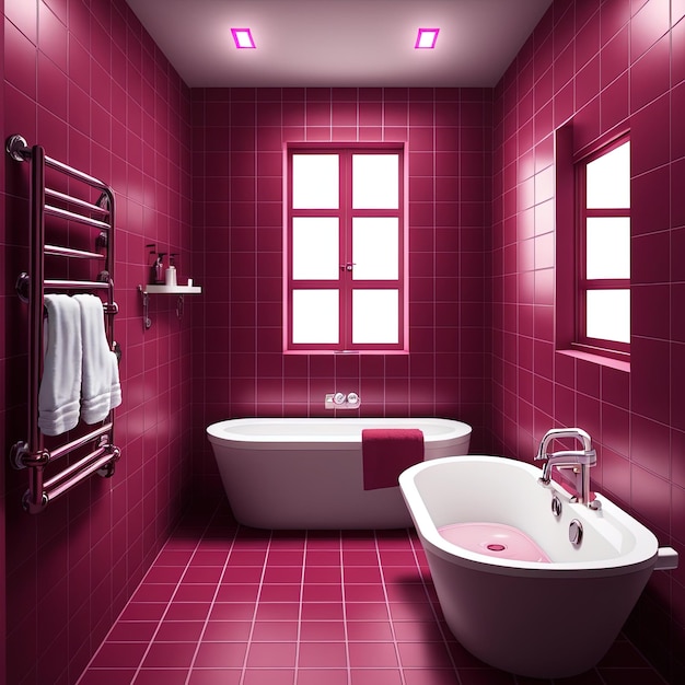 Viva Magenta bathroom interior color of the year 2023. Template modern, crimson red burgundy color.