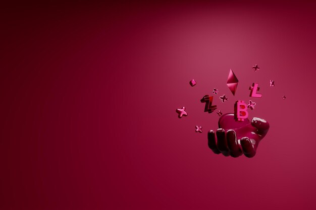 Viva Magenta hand met een set van cryptocurrency Bitcoin ethereum 3d render