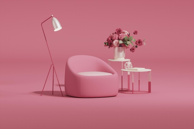 Viva magenta is een trendkleur jaar 2023 in de woonkamer. Interieur van met meubels en fauteuil