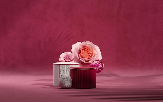 Viva magenta는 2023년 트렌드 컬러입니다. 3D 배경, 빨간색 원 연단, 장미 꽃, 야자잎