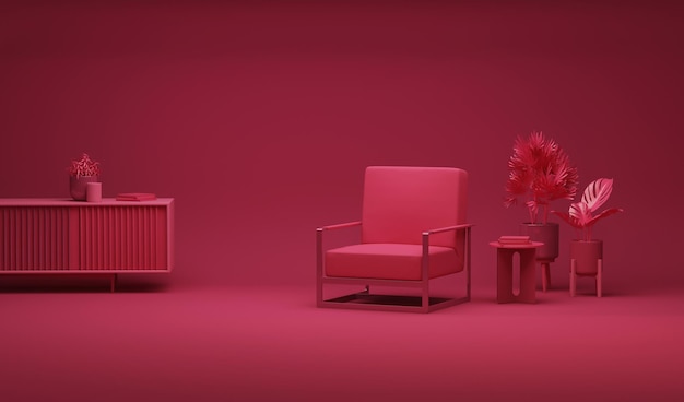 Viva magenta is a trend colour year 2023 in the living room, furnitures and armchair, plant pot.