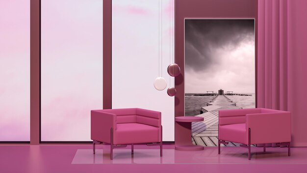 Viva magenta is a trend colour year 2023 in the living room with furnitures and chair plant pot