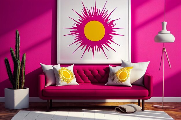 Viva magenta wall background mockup with sofa furniture and decor Generative Ai