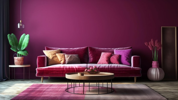 Viva magenta wall background mockup with sofa furniture and decor