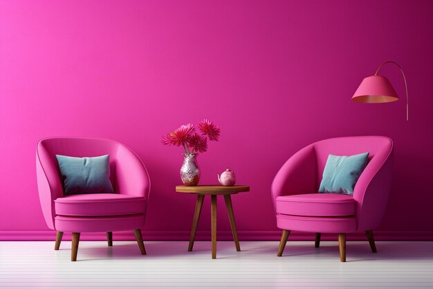 Photo viva magenta wall background mockup with two armchai