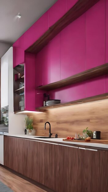 Viva magenta wall panelling with wooden shelf in kitchen room