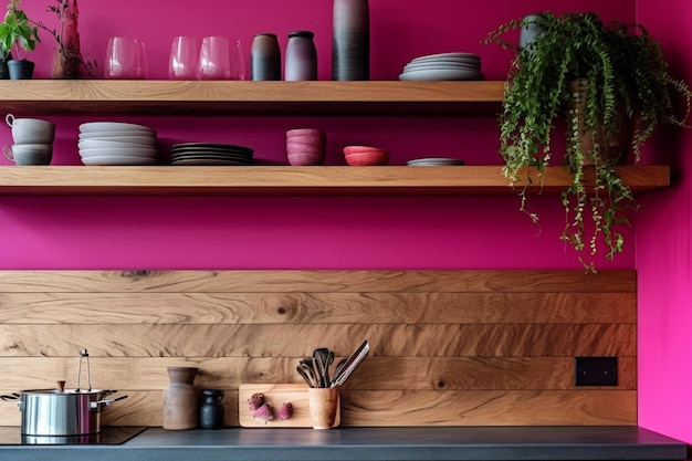 Viva magenta wall panelling with wooden shelf in kitchen