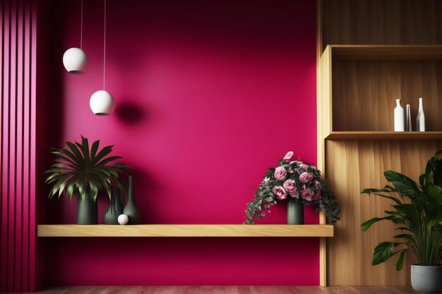 Viva magenta wall panelling with wooden shelf