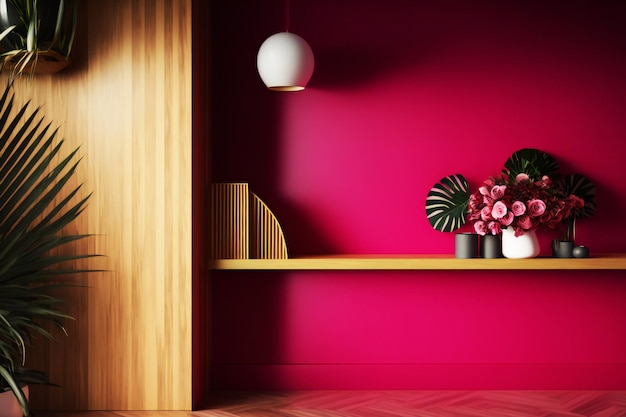 Viva magenta wall panelling with wooden shelf