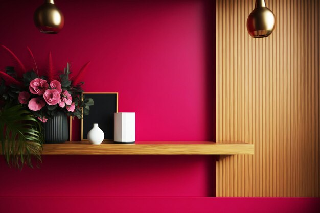 Viva magenta wall panelling with wooden shelf