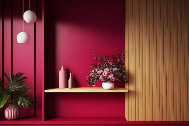 Viva magenta wall panelling with wooden shelf