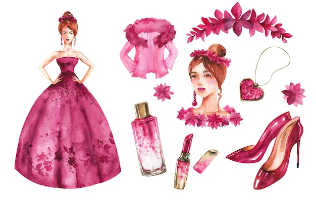 Viva magenta watercolor set A set of various women's jewelry and cosmetics