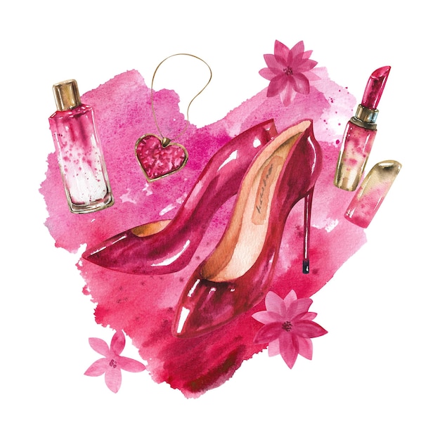 Viva magenta watercolor set Shoes and cosmetics on the background of the heart
