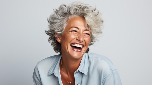 Photo vivacious laughing grey haired senior woman outdoors in a lush green park close up portrait