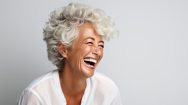 Photo vivacious laughing grey haired senior woman outdoors in a lush green park close up portrait