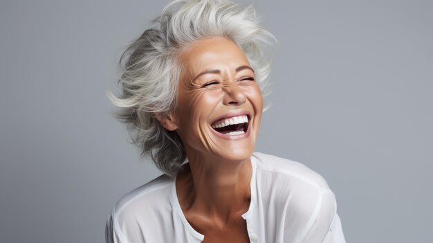 Vivacious laughing grey haired senior woman outdoors in a lush green park close up portrait