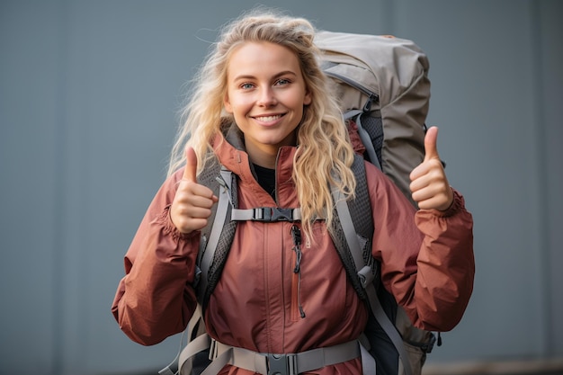 a vivacious young blonde woman with a backpack her lifted finger symbolizing the best or number one