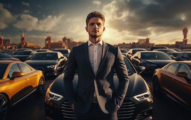 A Vivacious Young Businessman Surrounded by his Prized Car Collection