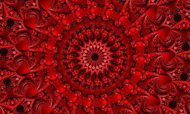 Vivid blood red fractal kaleidoscope, digital artwork for creative graphic design.