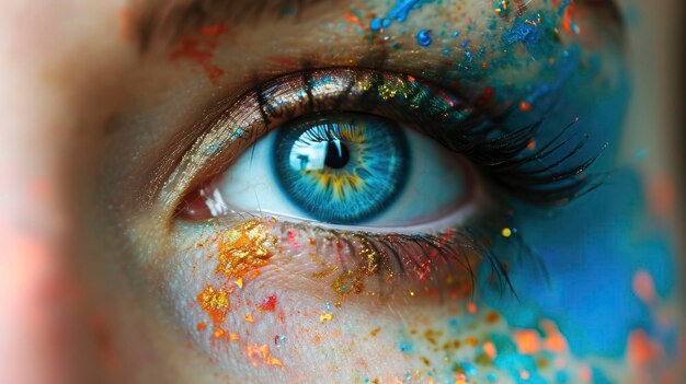 Photo vivid blue eye with colorful paint splashes on skin