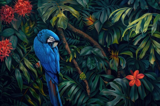 Photo vivid blue macaw perches tranquilly among exotic flora in this vibrant detailed jungle scene