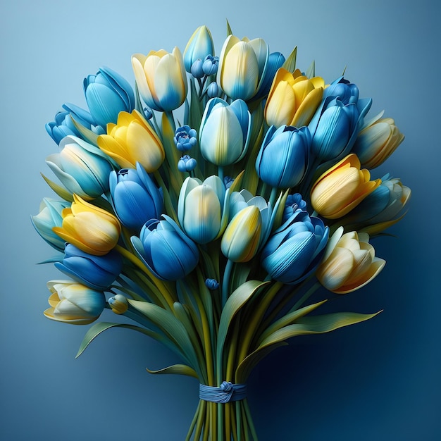 Photo vivid blue and yellow tulip bouquet on light blue background
