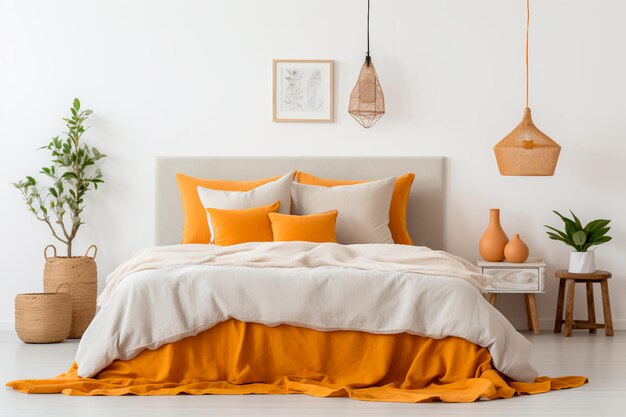 Vivid bohemian bedroom orange bed sleek white poster and a chic bedside lamp creating a stylish