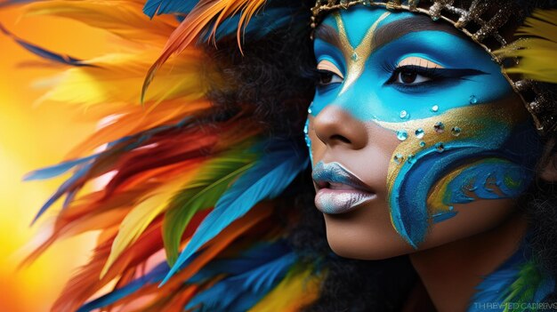 Vivid Carnival Queen with Blue Feather Headdress and Sparkling Makeup Generative AI