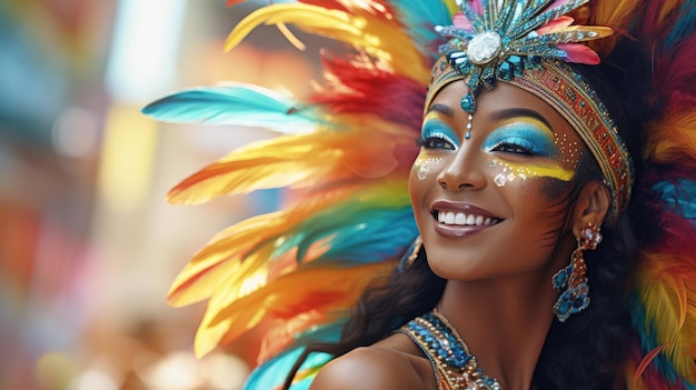 Яркая карнавальная королева с голубым перьями на голове и блестящим макияжем