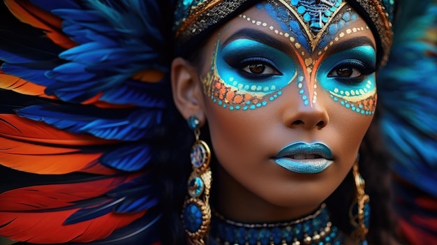 Vivid Carnival Queen with Blue Feather Headdress and Sparkling Makeup Generative AI